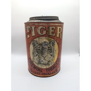 Antique Large Bright Tiger Chewing Tobacco Advertising Tin Store Display Round